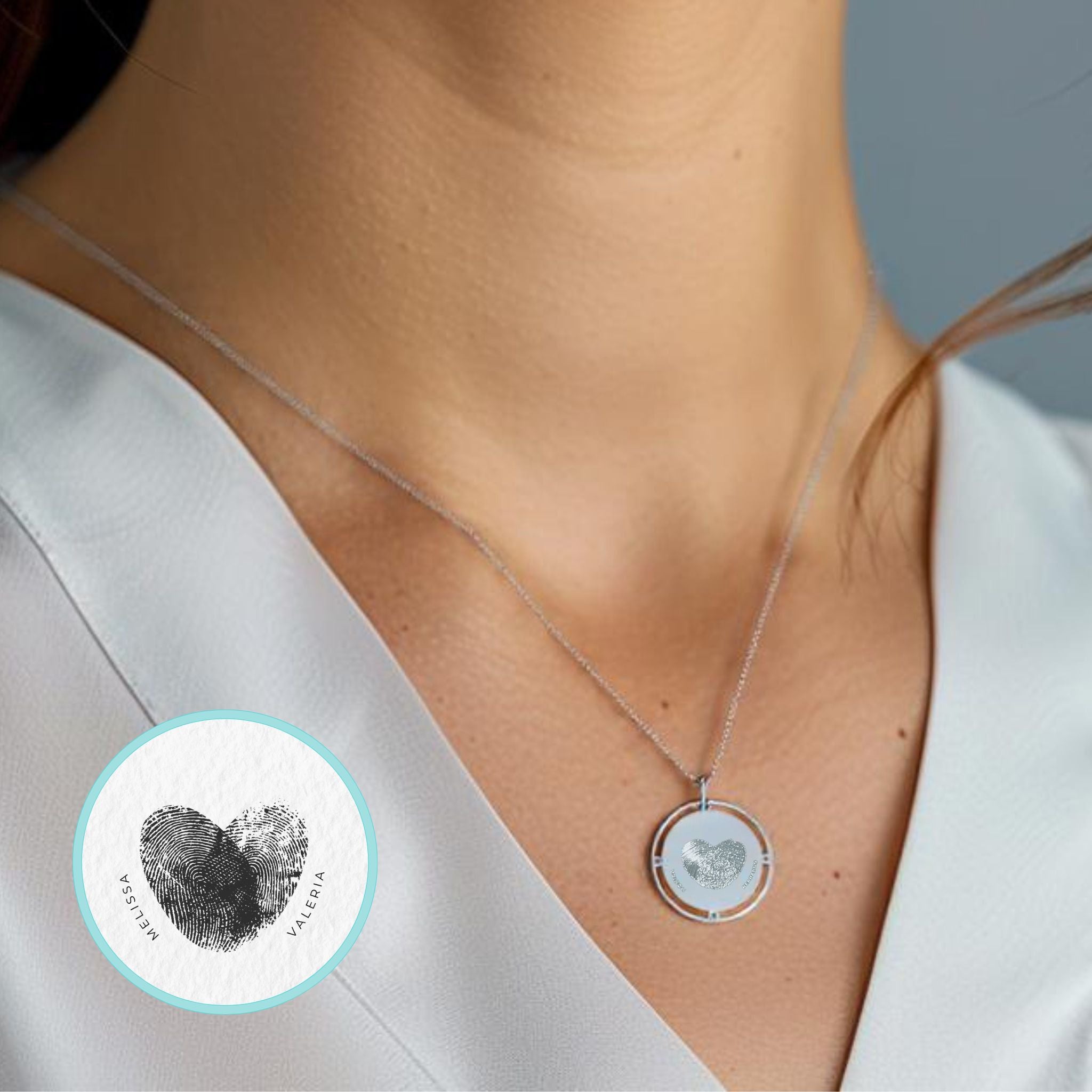 Collar personalizado corazón con dos huellas dactilares y nombres al frente (plata)