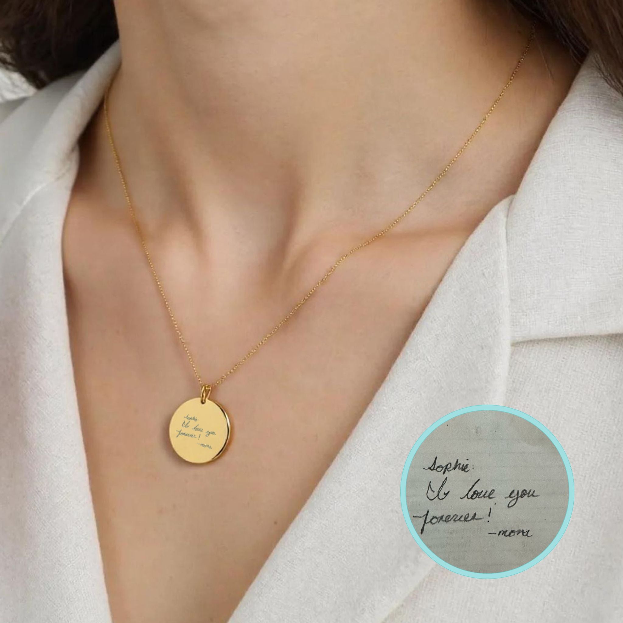 Collar personalizado con escrito a mano y texto detrás (plata baño oro 18k)