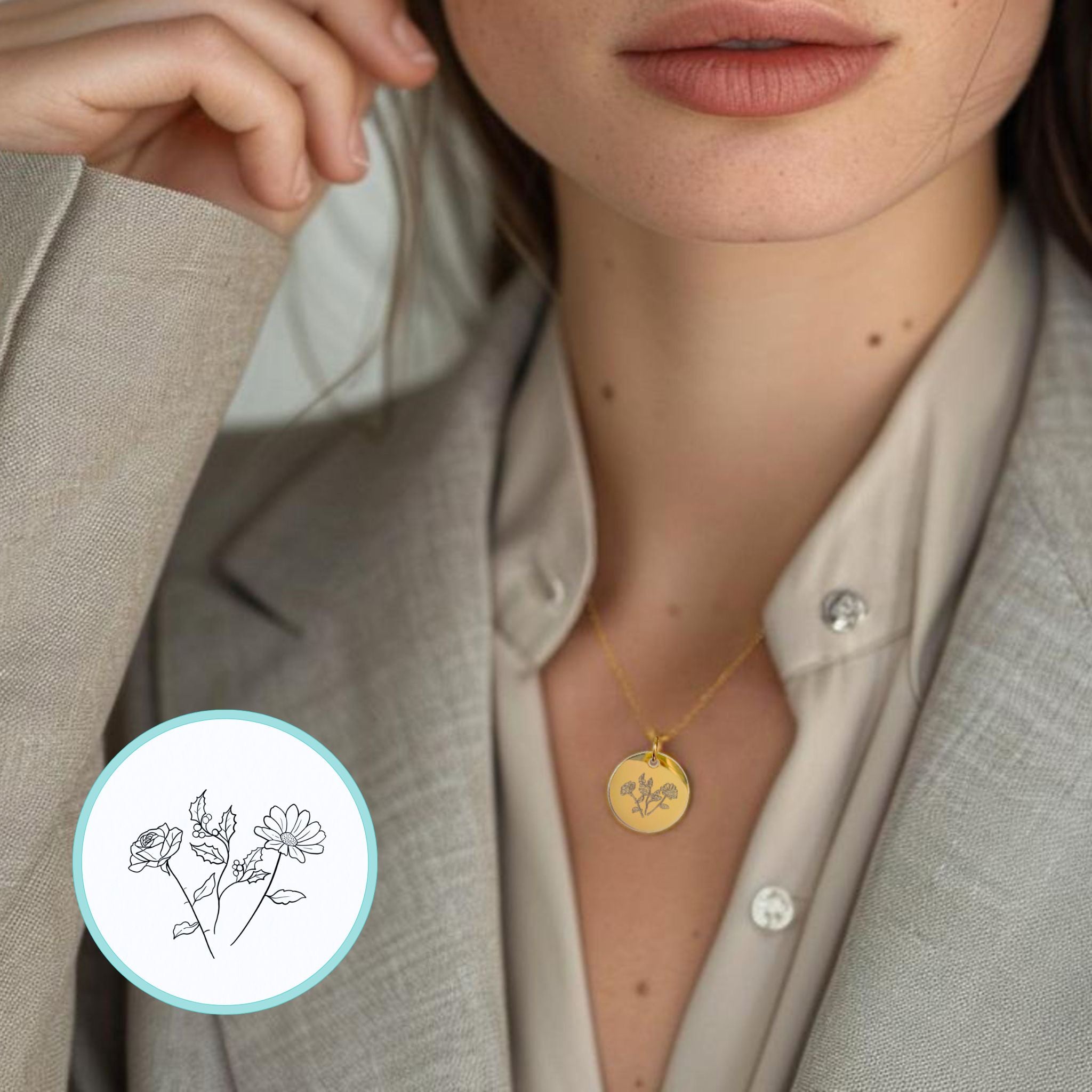 Collar personalizado con flores de nacimiento y fecha grabada detrás (acero)