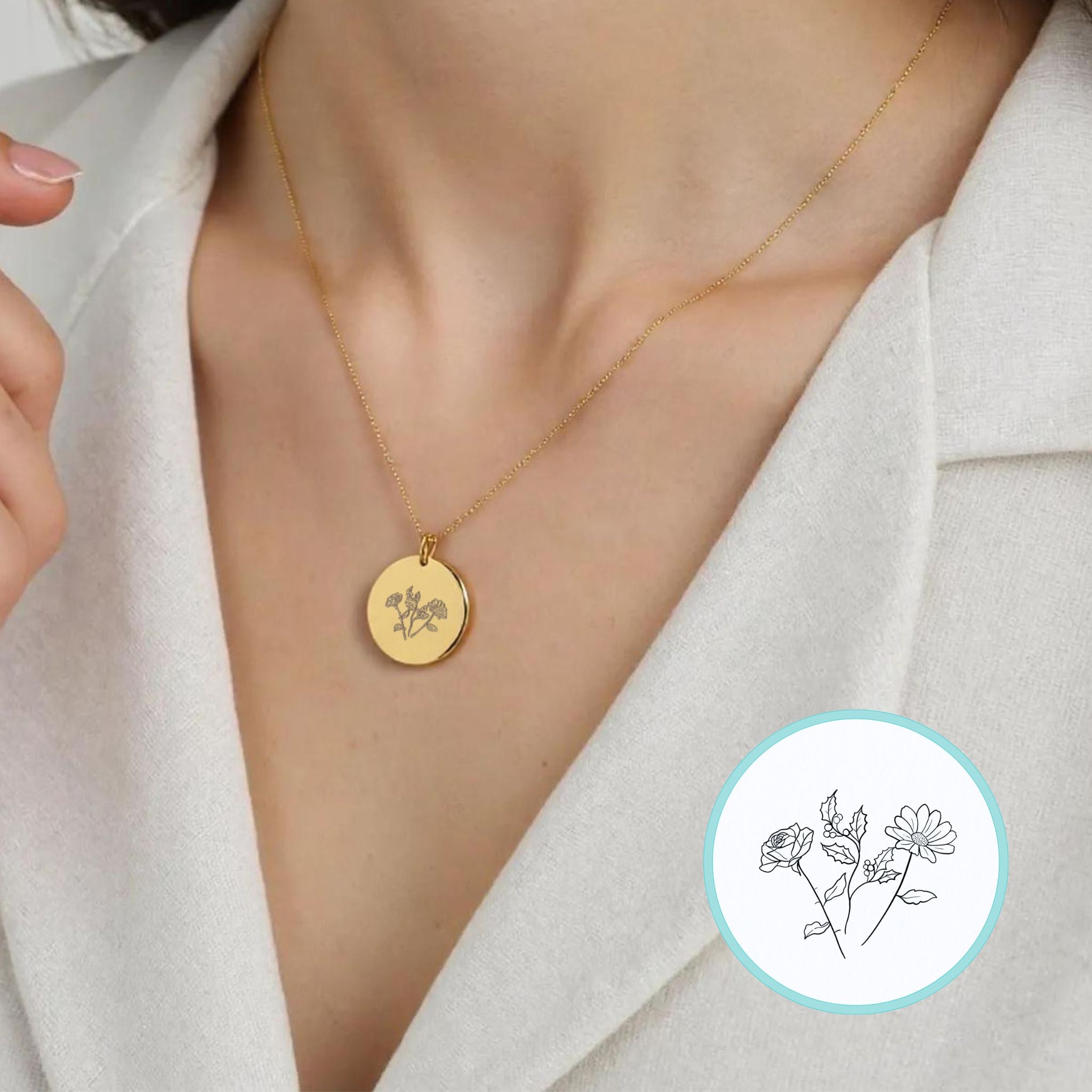 Collar personalizado con flores de nacimiento y nombre o fecha detrás (plata baño oro 18k)