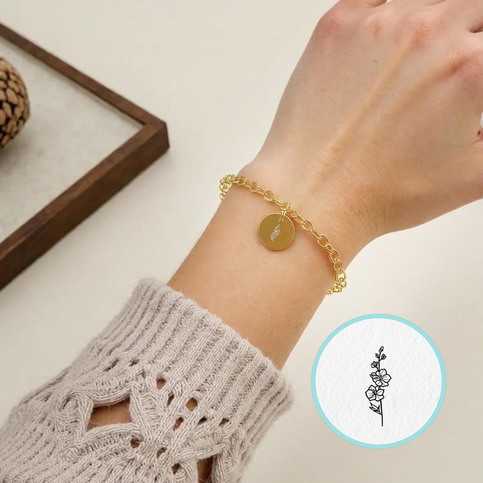 Pulsera personalizada con flor de nacimiento y fecha grabada (acero)