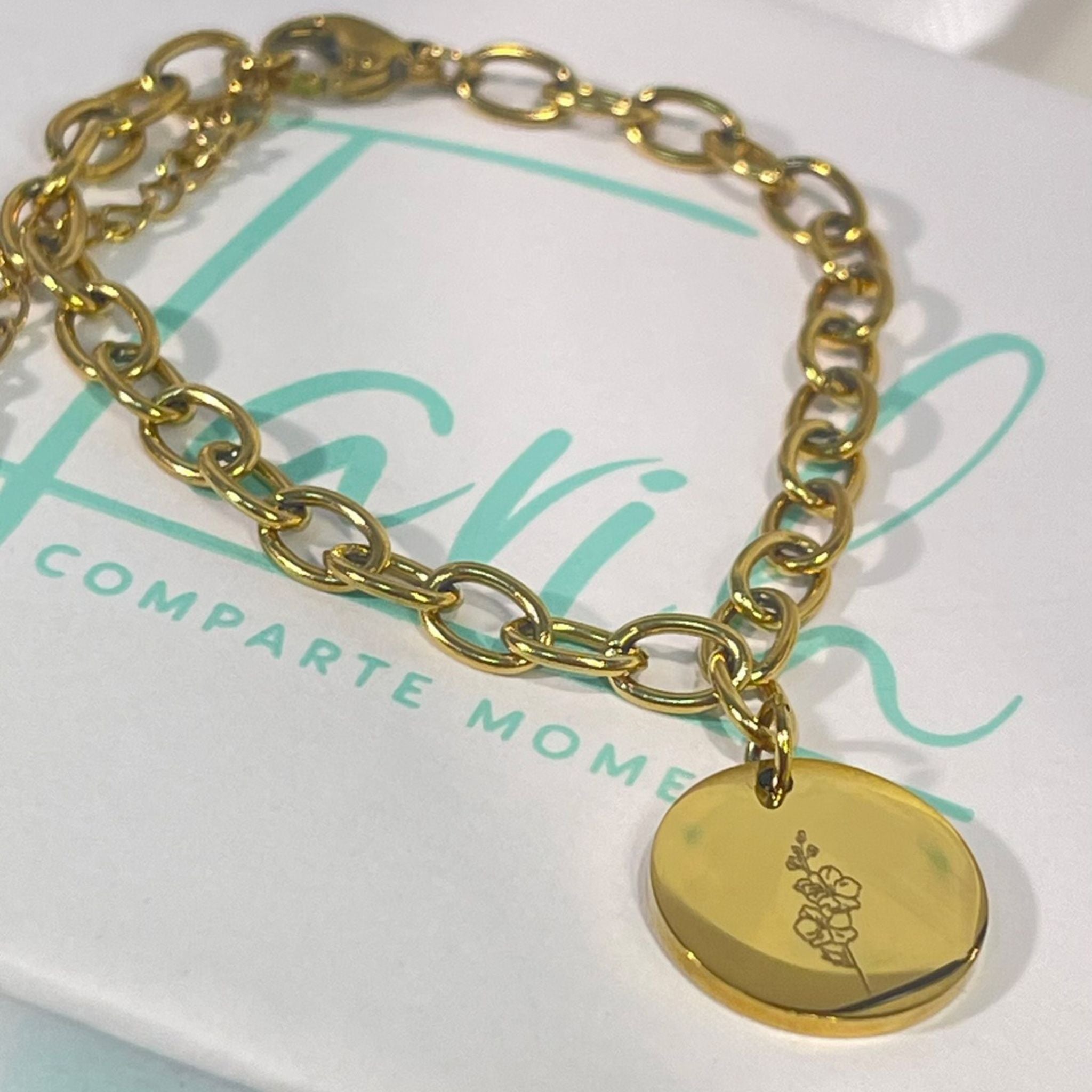 Pulsera personalizada con flor de nacimiento y fecha grabada (acero)