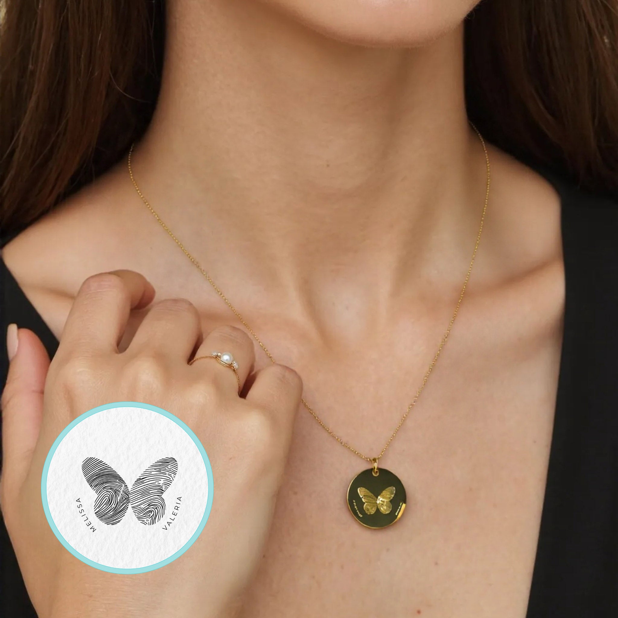 Collar personalizado mariposa con dos huellas dactilares y nombres al frente (acero)