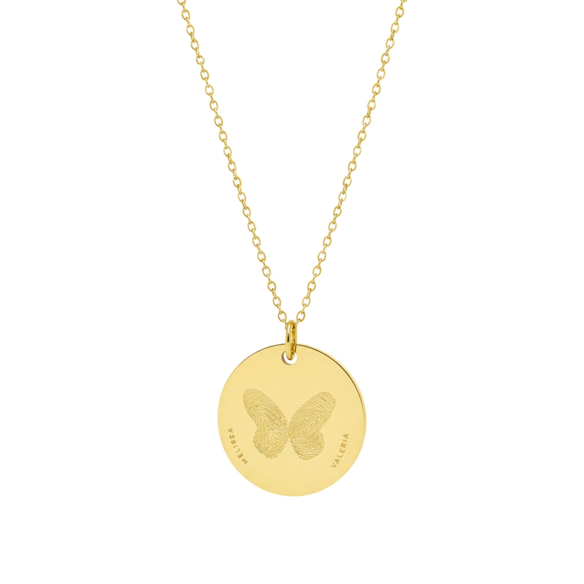 Collar personalizado mariposa con dos huellas dactilares y nombres al frente (acero)