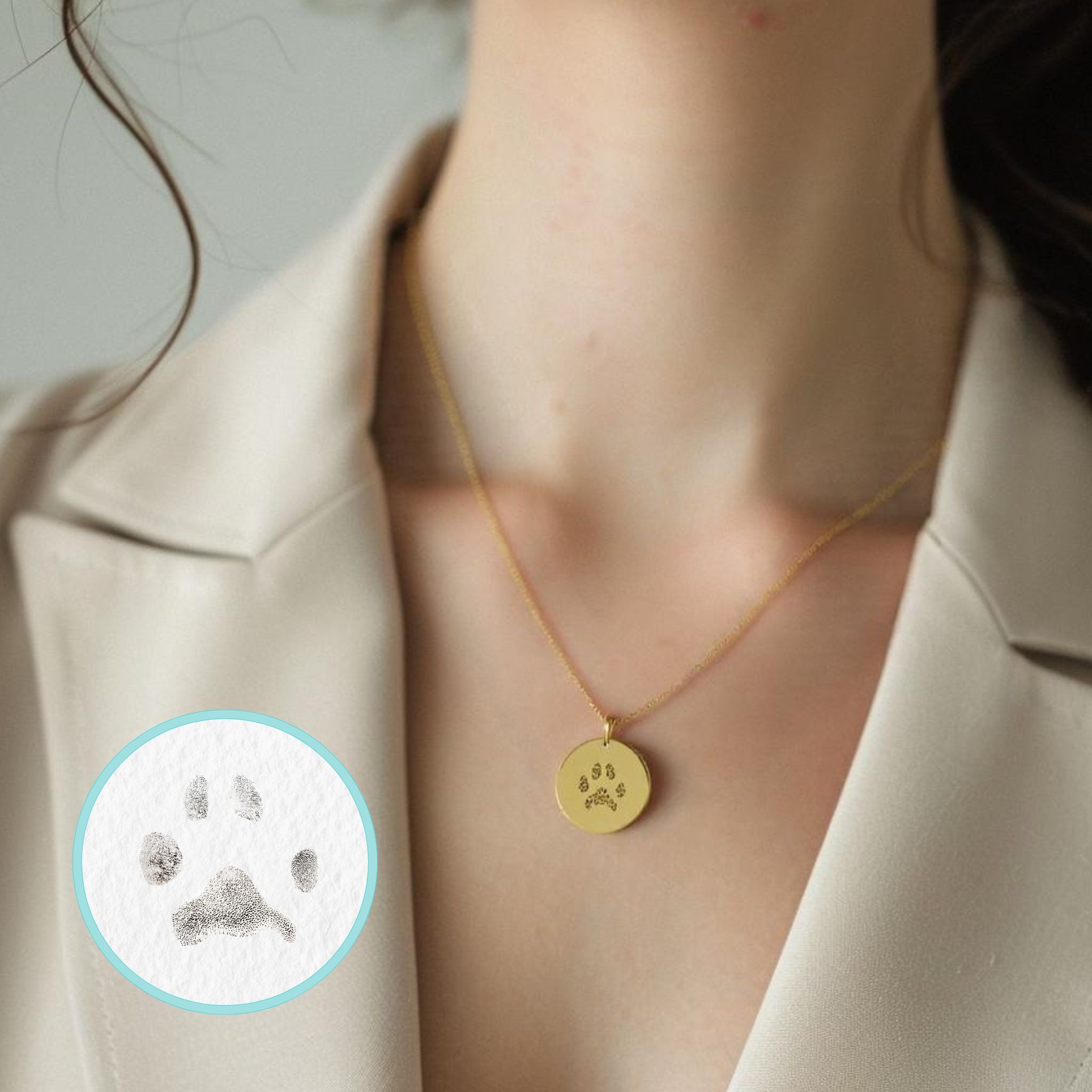 Collar personalizado huella de mascota y nombre detrás (plata baño oro 18k)