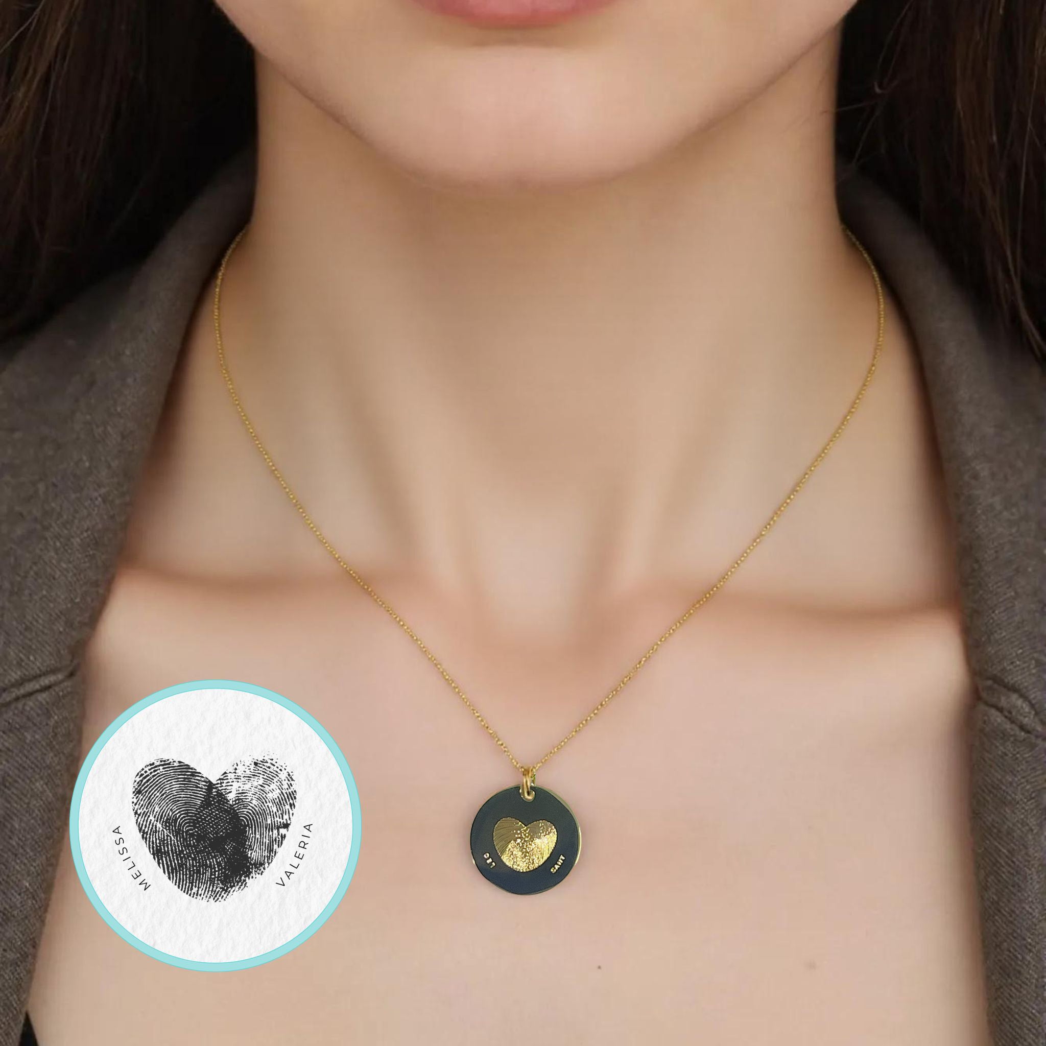 Collar personalizado corazón con dos huellas dactilares y nombres al frente (acero)